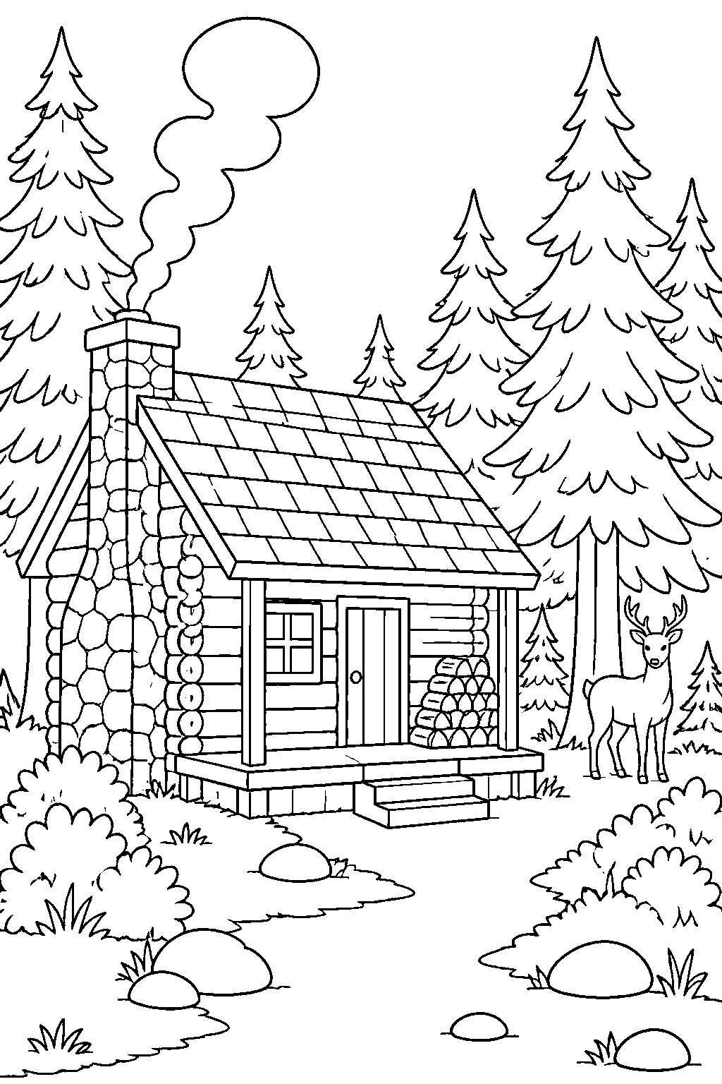 Outline drawing of a small log cabin with a shingled roof and a stone chimney among tall pines, smoke curling upward, a stack of split logs against the wall and a deer at the tree line.