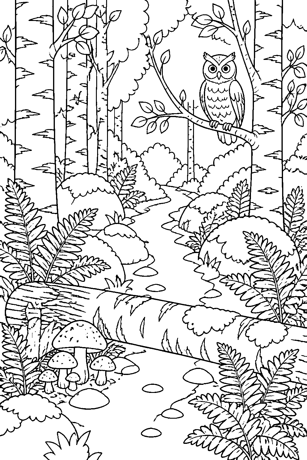 Outline drawing of a narrow woodland path winding between large ferns and mossy rocks, birch trunks on both sides, a fallen log across the path with toadstools at its base, and an owl on a low branch.