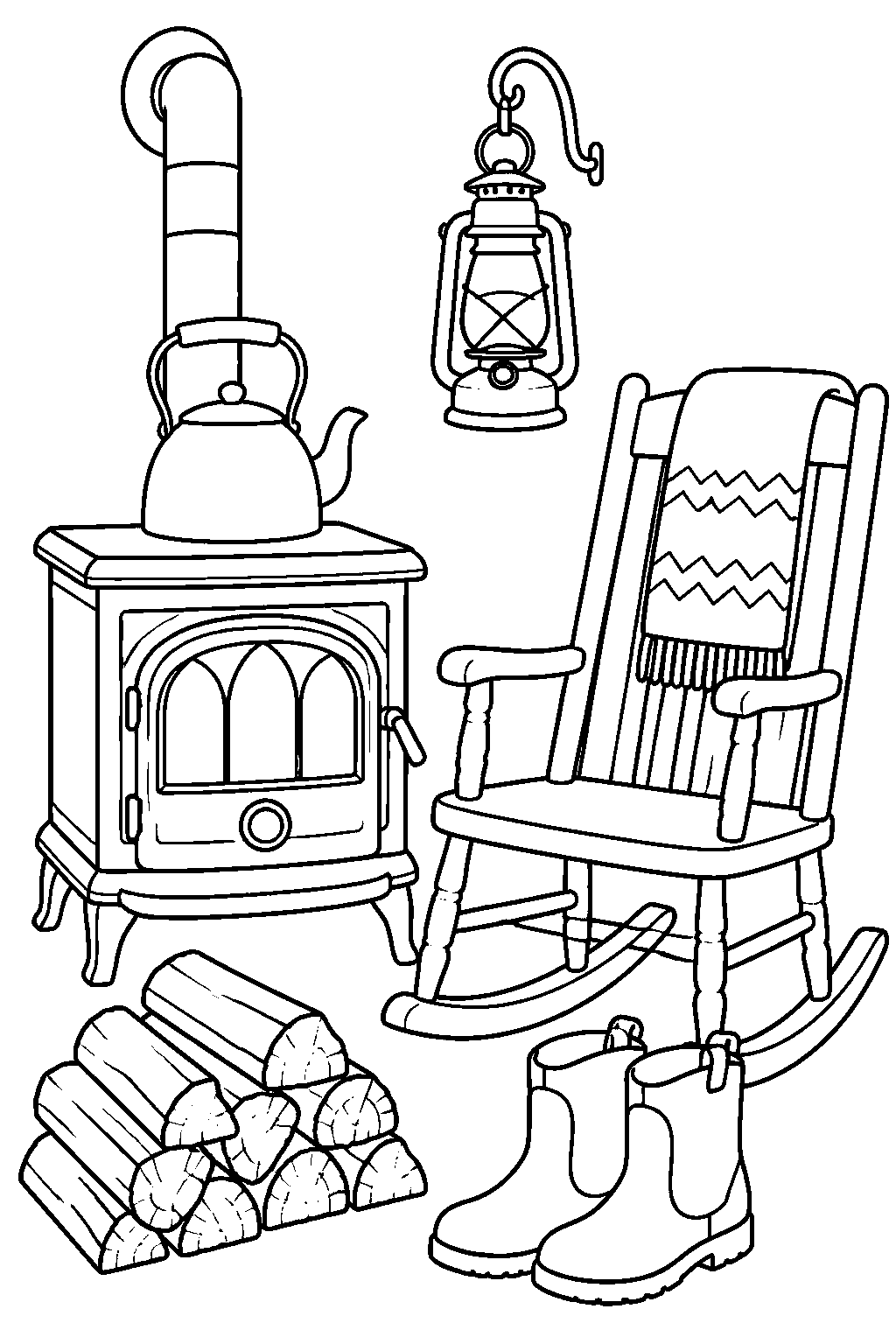 Outline drawing of a cast iron wood stove with a kettle on top, a neat stack of split logs beside it, a rocking chair with a folded blanket over its back, drying boots and a hanging lantern.