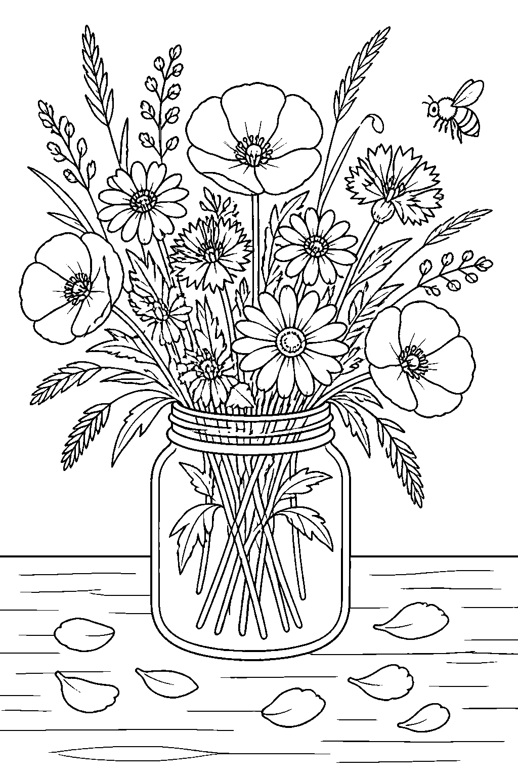 Outline drawing of a fat glass jar crowded with daisies, poppies, cornflowers and long grasses, with a few loose petals on the table and a bee to one side.