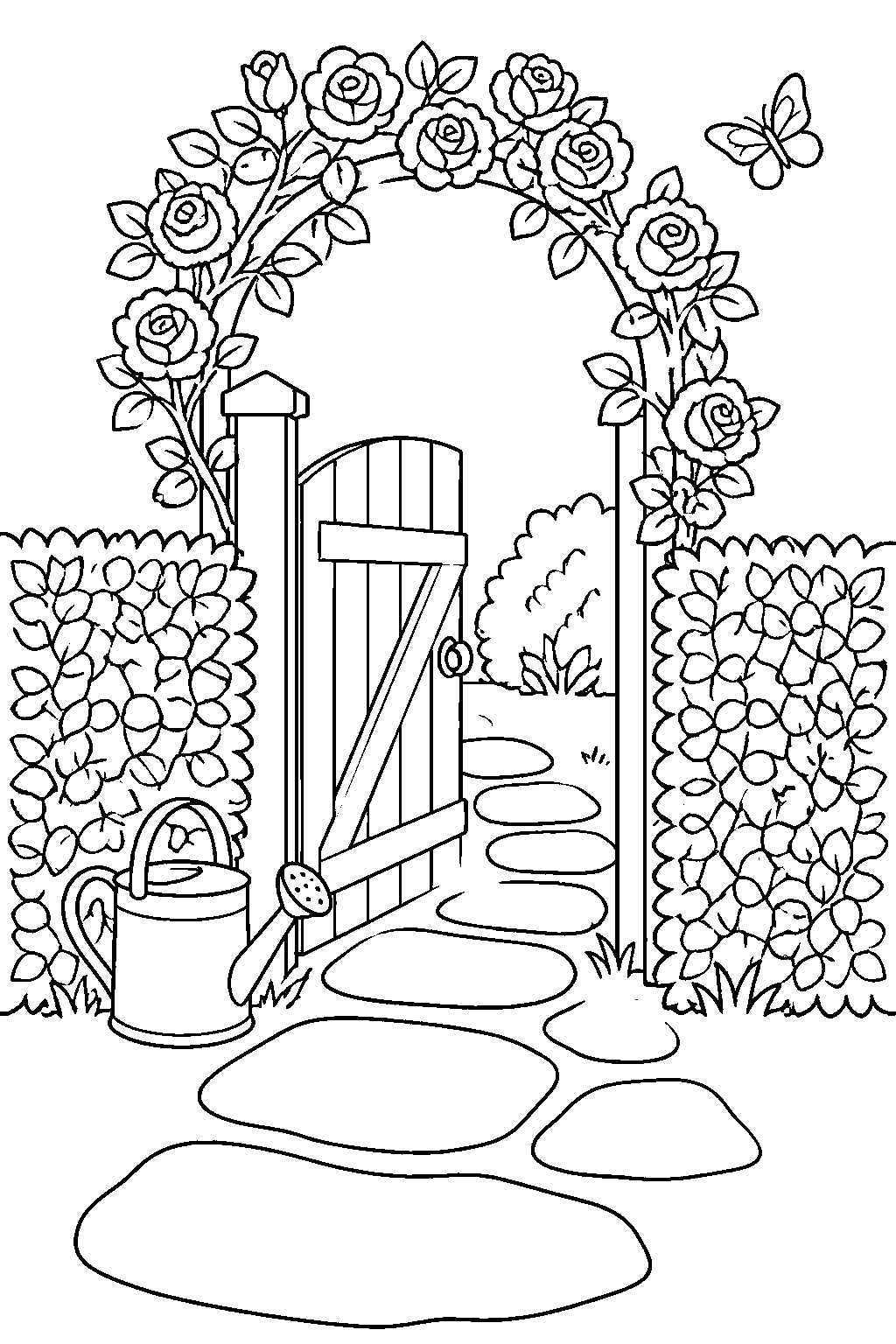 Outline drawing of a wooden garden gate standing half open in a low hedge, climbing roses over the arch, a path of large flat stones leading through, and a watering can by the post.