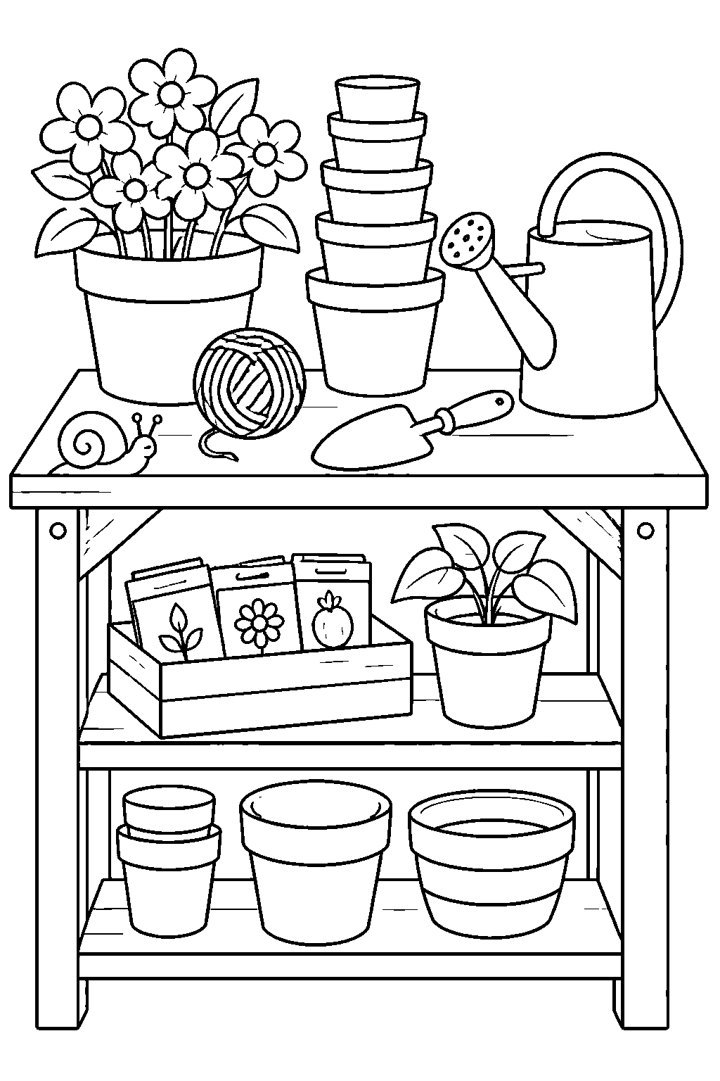Outline drawing of a garden potting bench with a tower of stacked terracotta pots, a watering can, a trowel, a ball of twine, a box of seed packets and a snail on the bench edge.