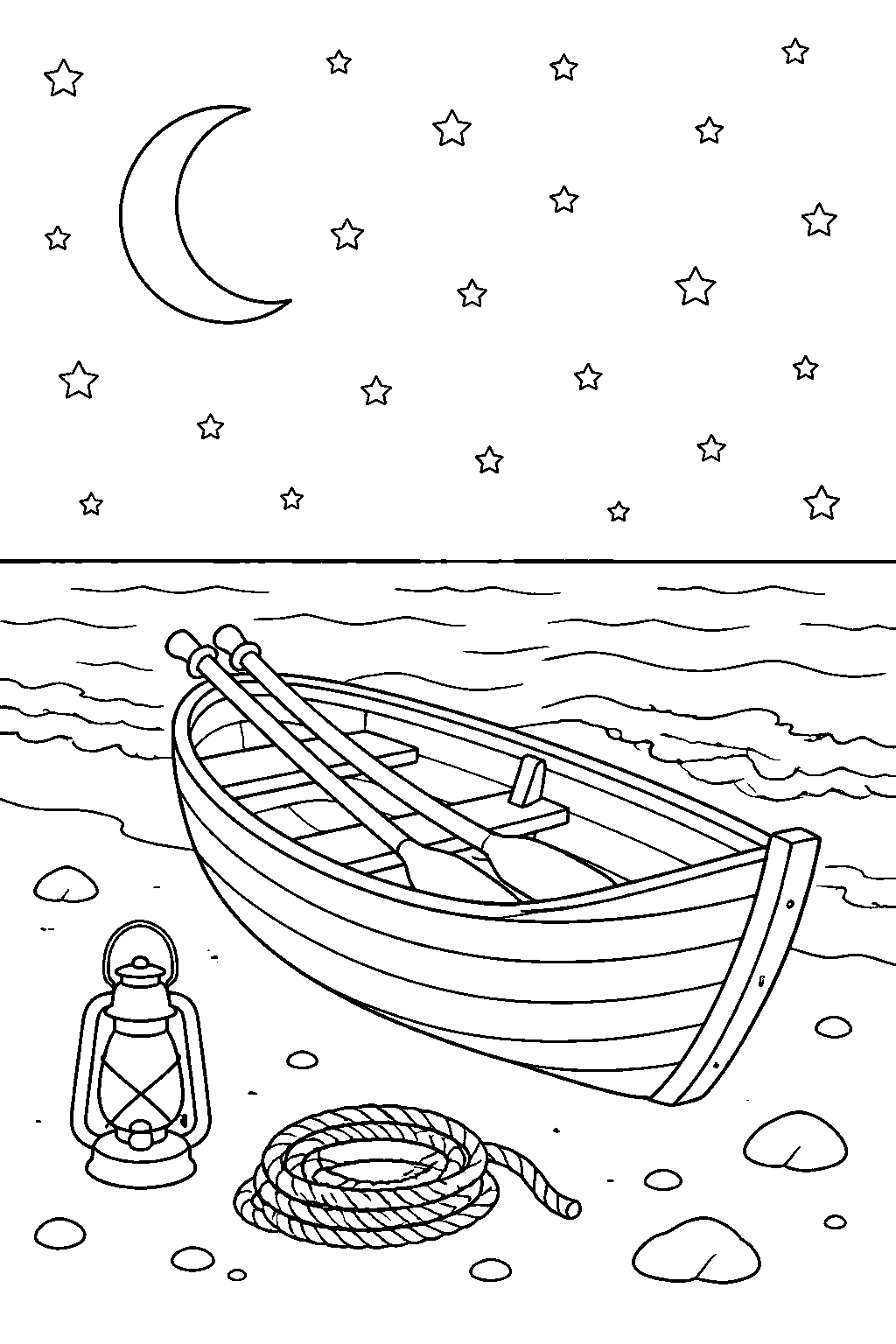 Outline drawing of a small wooden rowing boat pulled up on a beach at night, oars resting inside it, a coil of rope and a lantern on the sand, gentle waves behind and a sky full of stars.