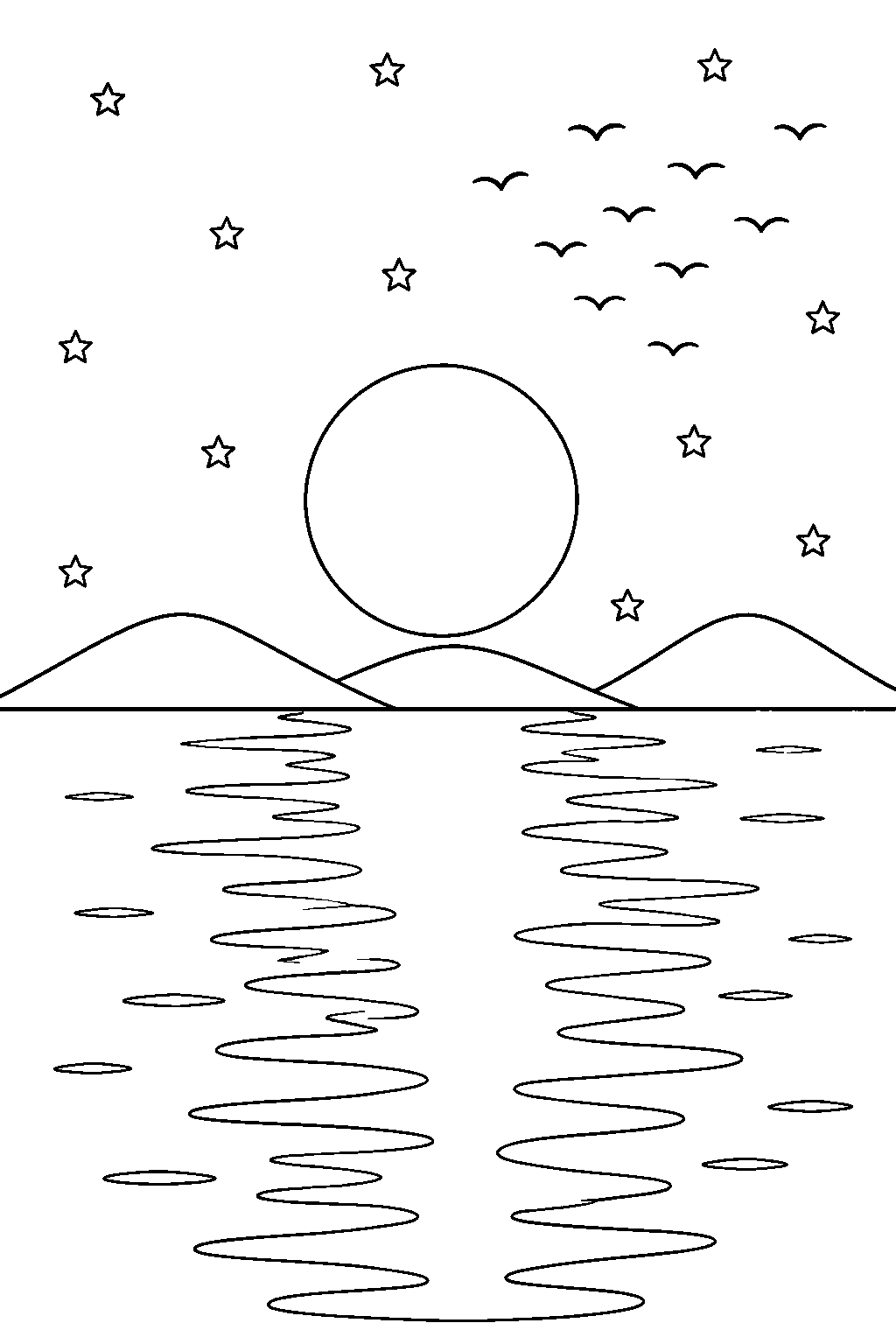 Outline drawing of a full moon low over a calm sea, a wide path of reflection on the water, three rounded hills on the far shore, scattered stars and a flock of small birds.