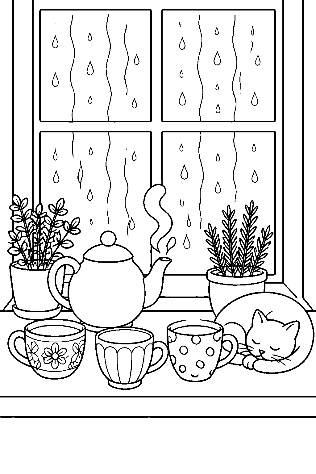 Outline drawing of a teapot and three mismatched cups on a windowsill, rain running down the panes behind them, two potted herbs, and a cat asleep in a curl.