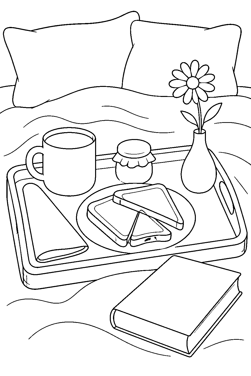 Outline drawing of a breakfast tray holding a wide mug, a pot of jam, triangles of toast, a folded napkin, a single flower in a bud vase and a closed book.
