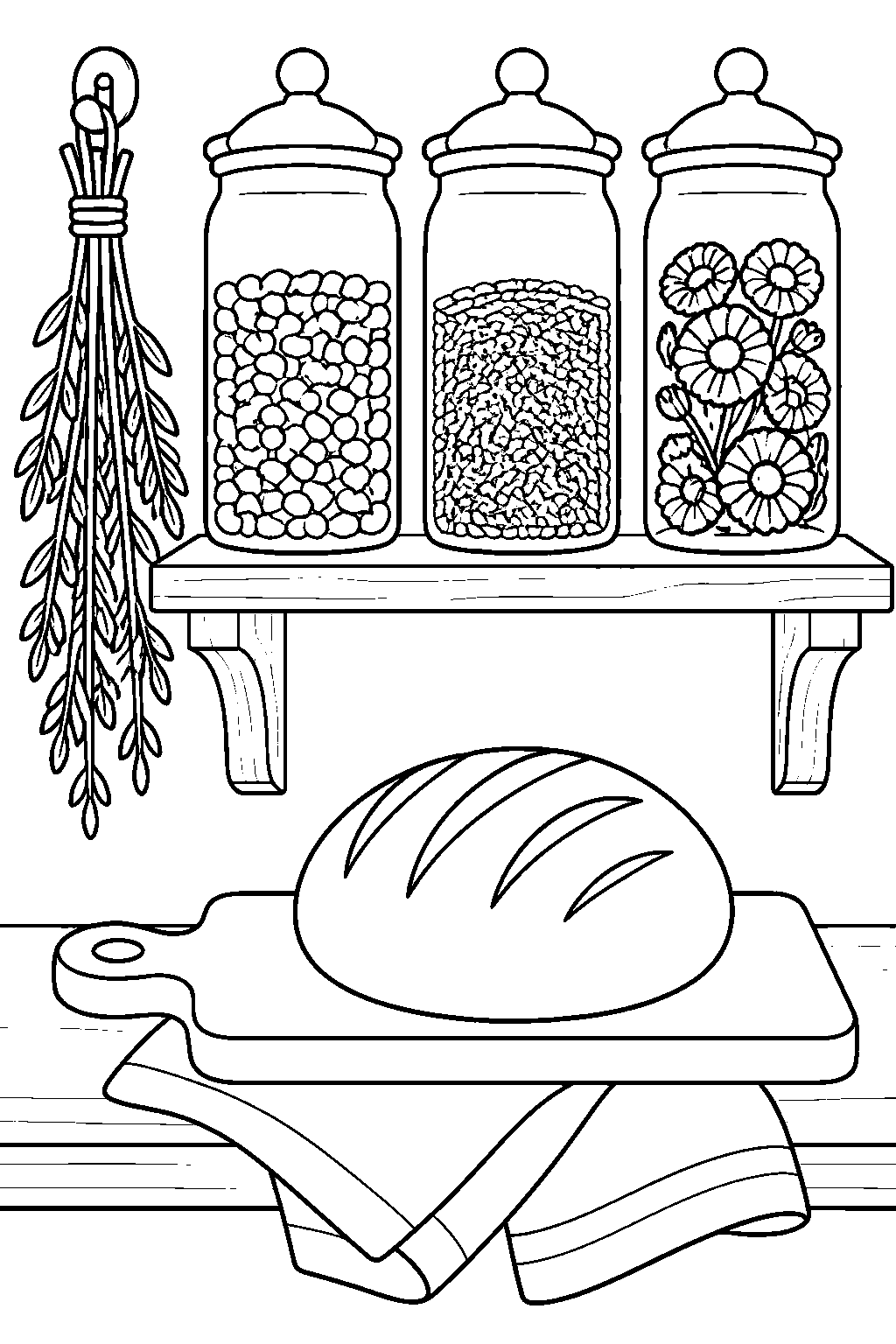 Outline drawing of a wooden kitchen shelf holding tall lidded jars, a hanging bundle of herbs, and a board with a round loaf and a folded cloth.